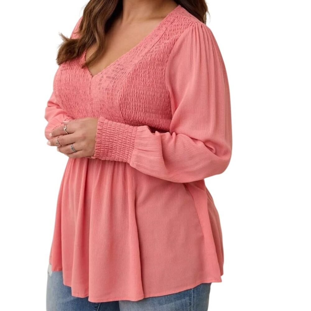 Torrid NEW Babydoll Crinkle Gauze Smocked Top Womens Size 2X Coral Pink Boho NWT
